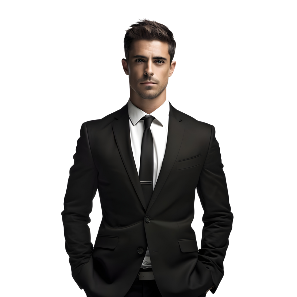 Elegant young handsome man in black suit on transparent background png