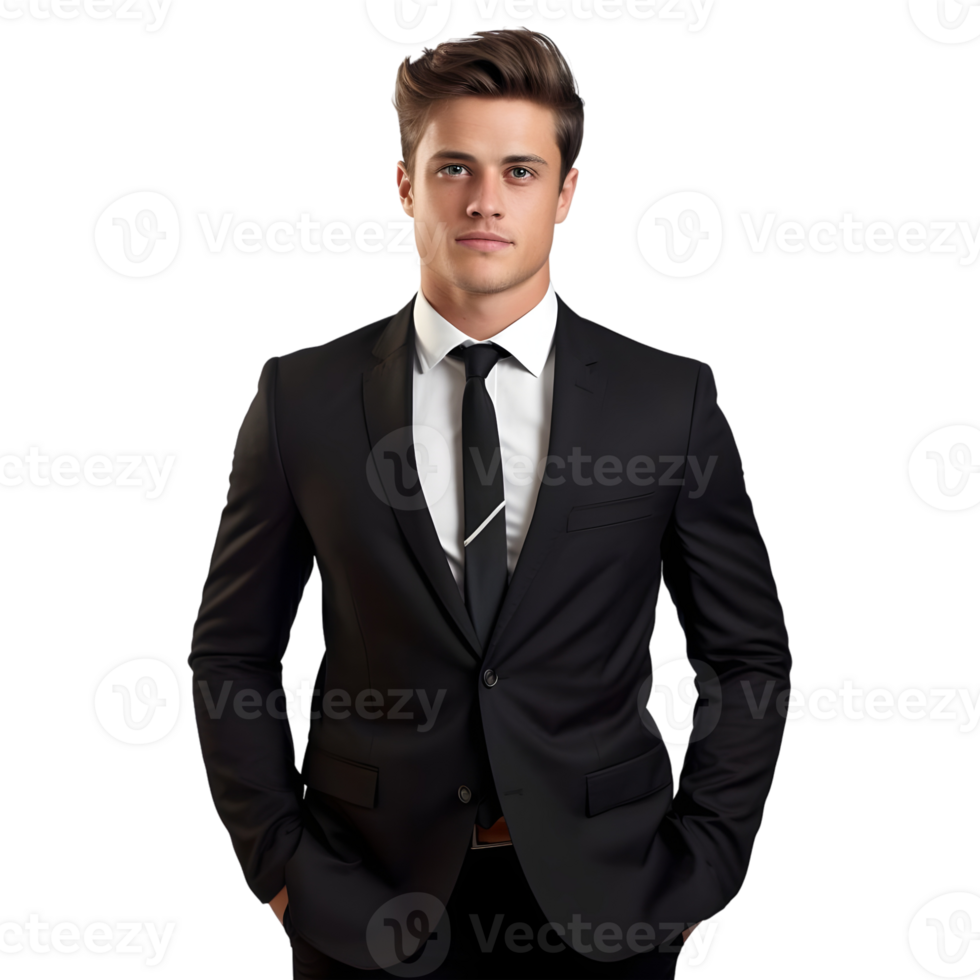 Portrait of handsome young man in black suit isolated on transparent background png