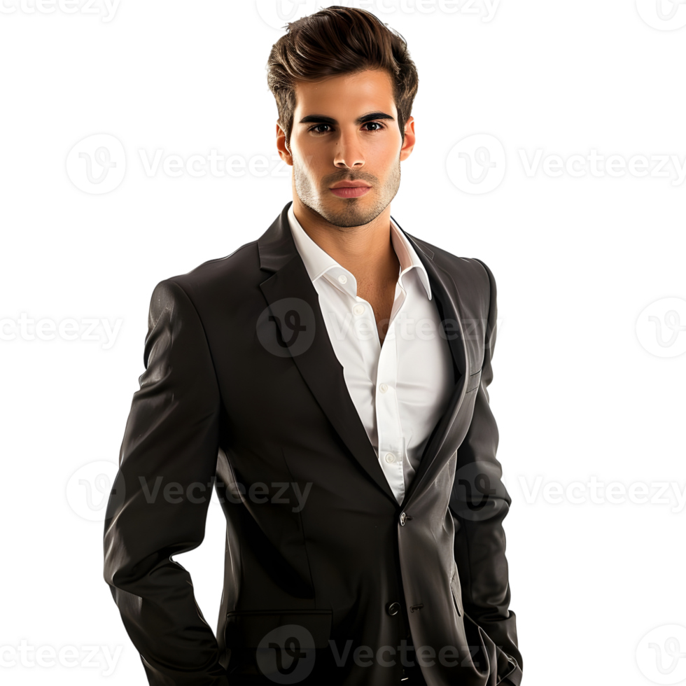 Portrait of handsome young man in black suit isolated on transparent background png