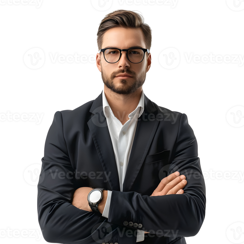 Portrait of handsome young man in suit and glasses isolated on transparent background png