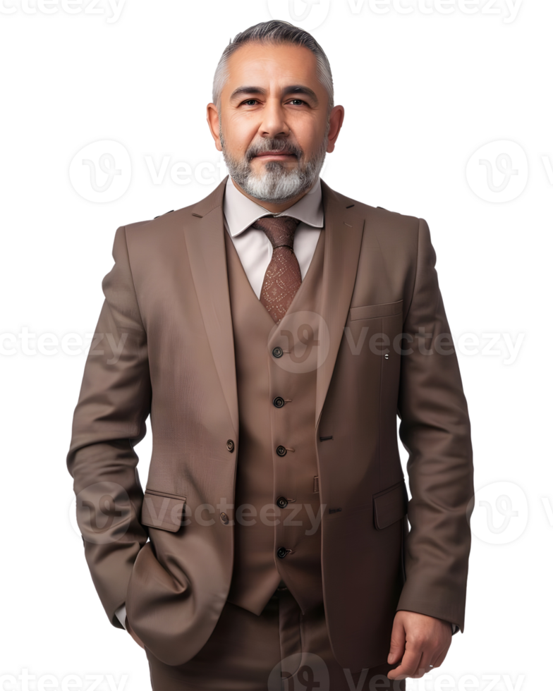 Elegant senior business man in brown suit isolated on transparent background png
