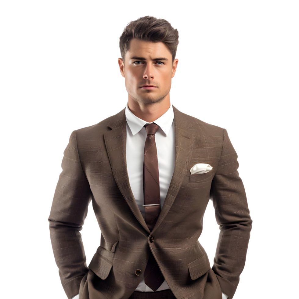 Handsome young man in brown suit isolated on transparent background png