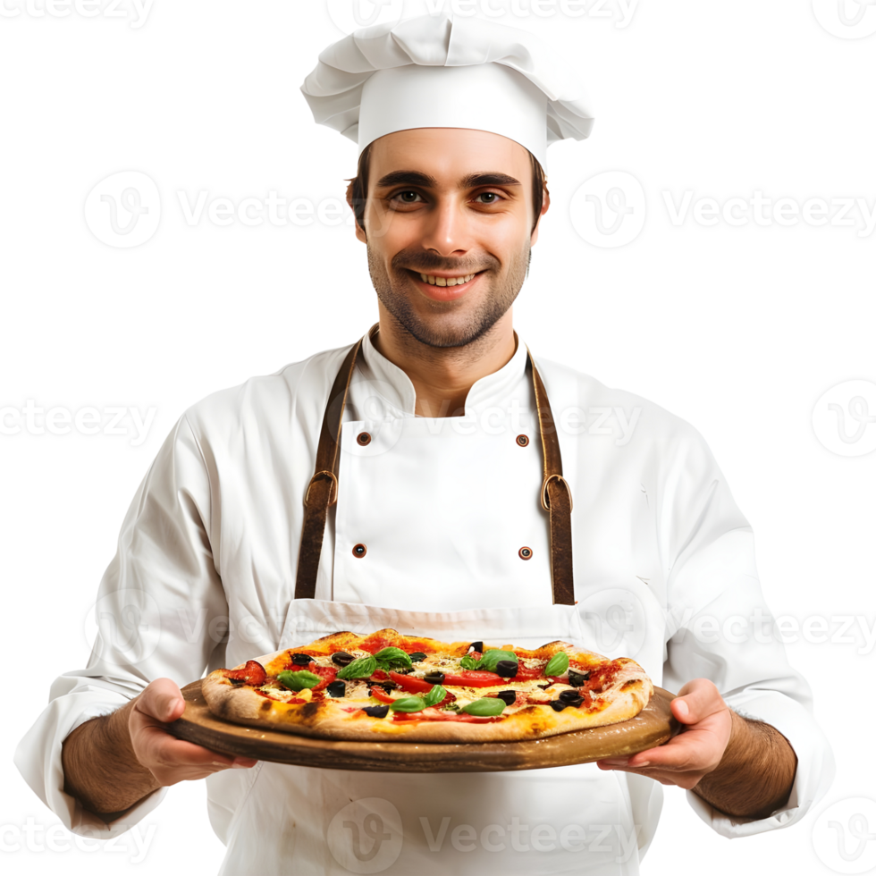 Smiling young Chef holds delicious pizza in his hands isolated on transparent background png