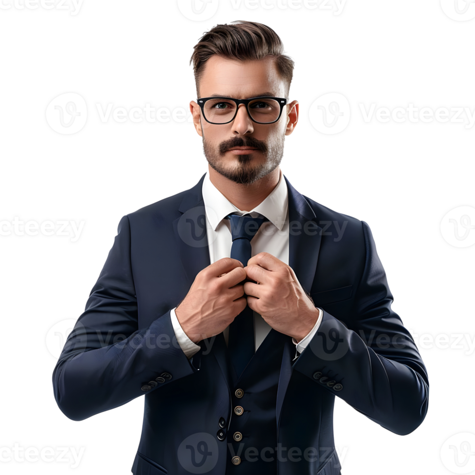 Handsome young businessman adjusting his tie while standing isolated on transparent background png