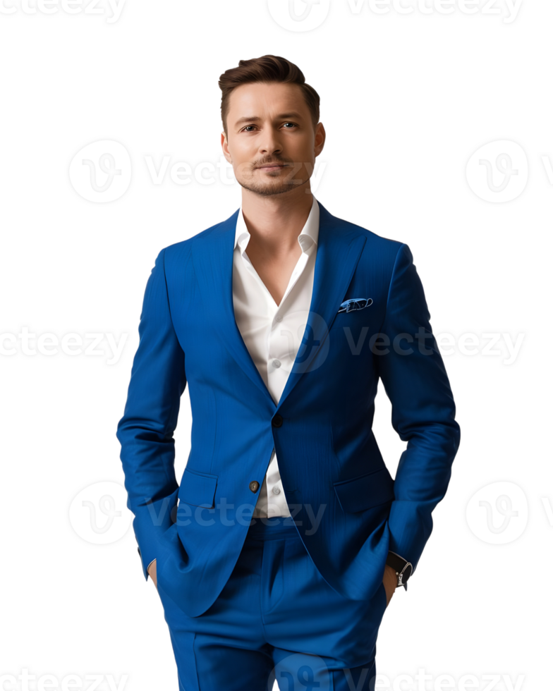 Handsome young man in blue suit, isolated on transparent background png