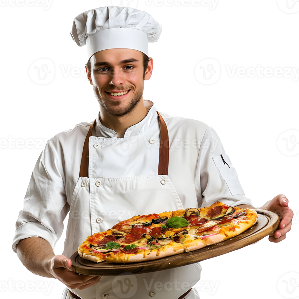 Professional Chef holds pizza in his hands isolated on transparent background png