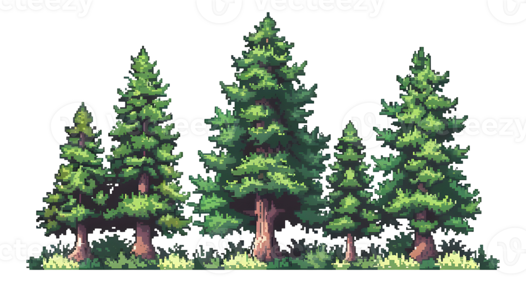 Pixel art Pine trees set, cartoon style Isolated on transparent background png