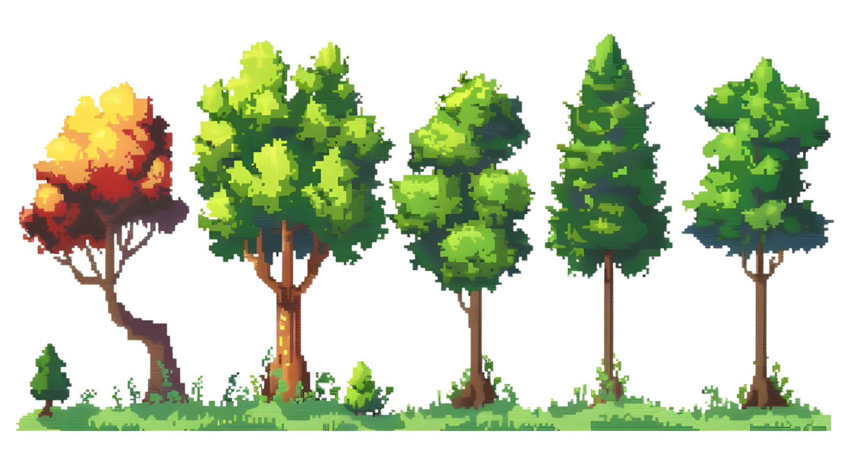Set of different Pixel art trees Isolated on transparent background png