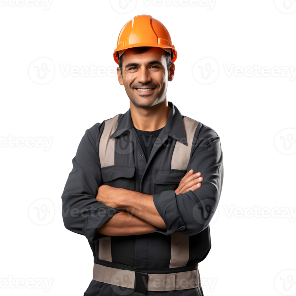 Portrait of a smiling man in a construction helmet, isolated on transparent background png