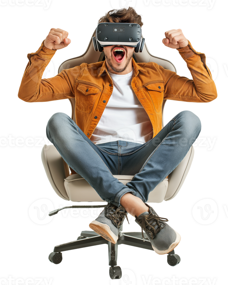 Young handsome man excited after wearing Virtual reality headset siting on gaming chair isolated on transparent background png