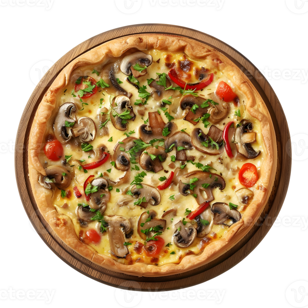 Mushroom Quiche Pizza on Wooden Board, Isolated on Transparent Background png