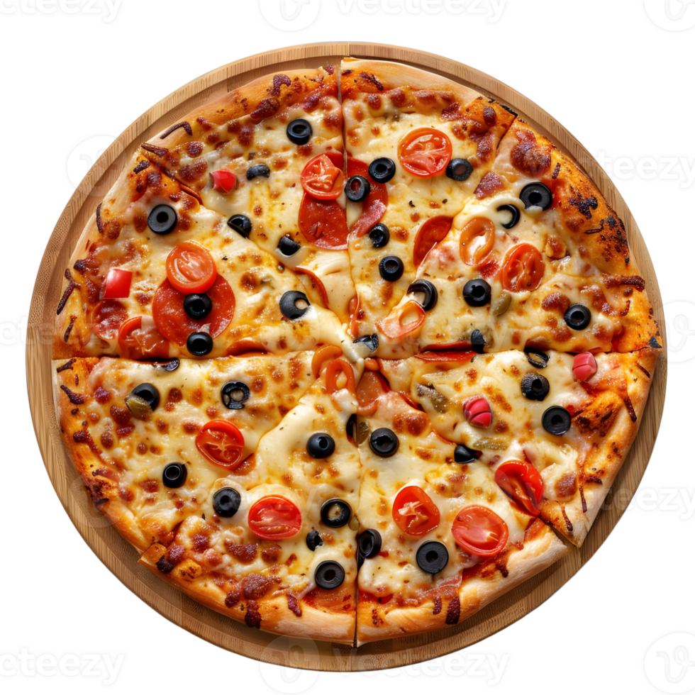 Pizza with tomatoes, olives and cheese Isolated on transparent background png
