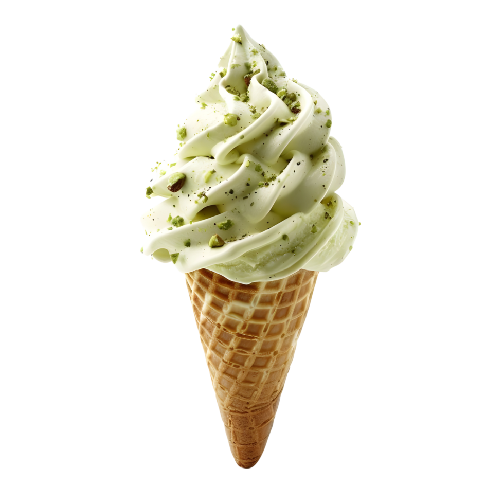 Matcha Flavored Soft Serve Ice Cream Clipart with Pistachios in Cone, Isolated on Transparent Background png