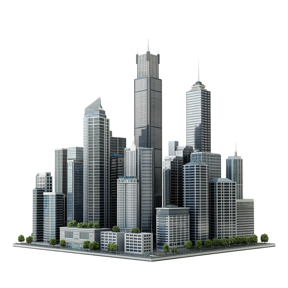 3d model of a modern city, Buildings Isolated on transparent background png
