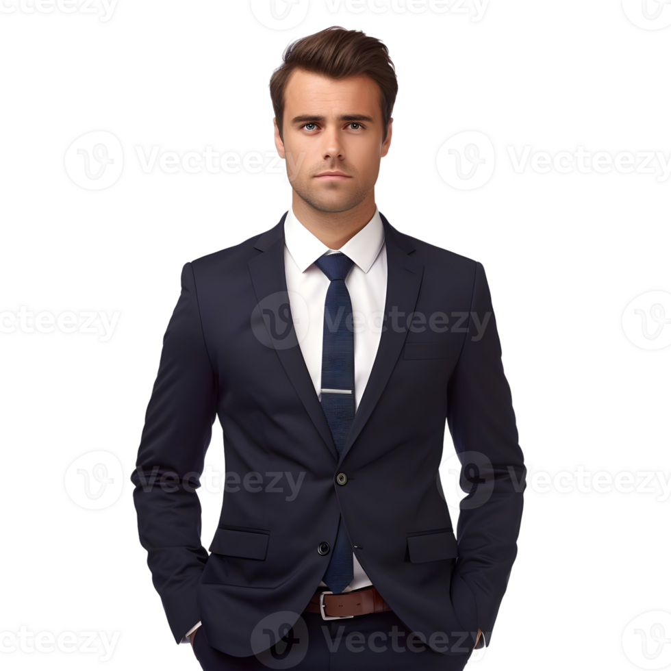 serious young businessman in suit over transparent background png
