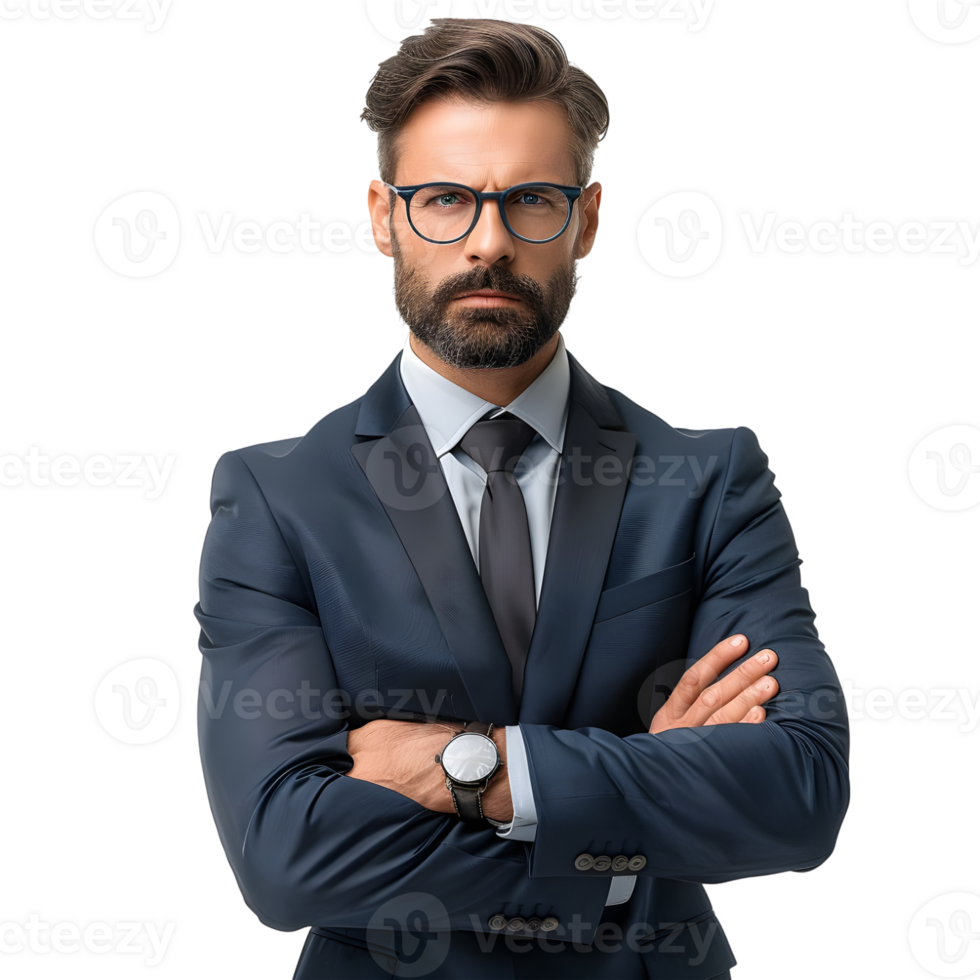 Confident businessman in eyeglasses standing with crossed arms and looking at camera isolated on transparent background png