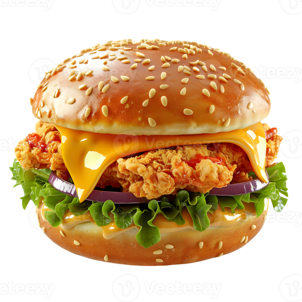 Fried Chicken Burger Isolated on Transparent Background, Delicious Fast-Food Burger png