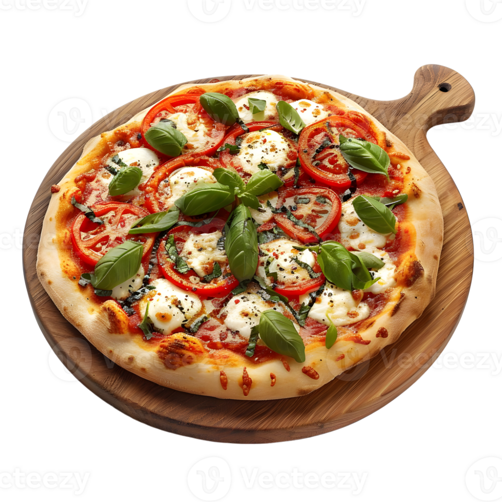 Pizza with mozzarella cheese, fresh tomatoes, and basil on a wooden board Isolated on transparent background png