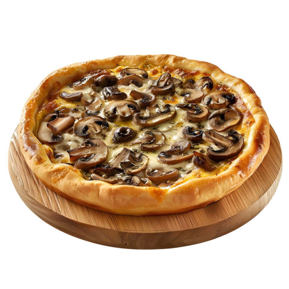 Mushroom Quiche Pizza on Wooden Board, Isolated on Transparent Background png