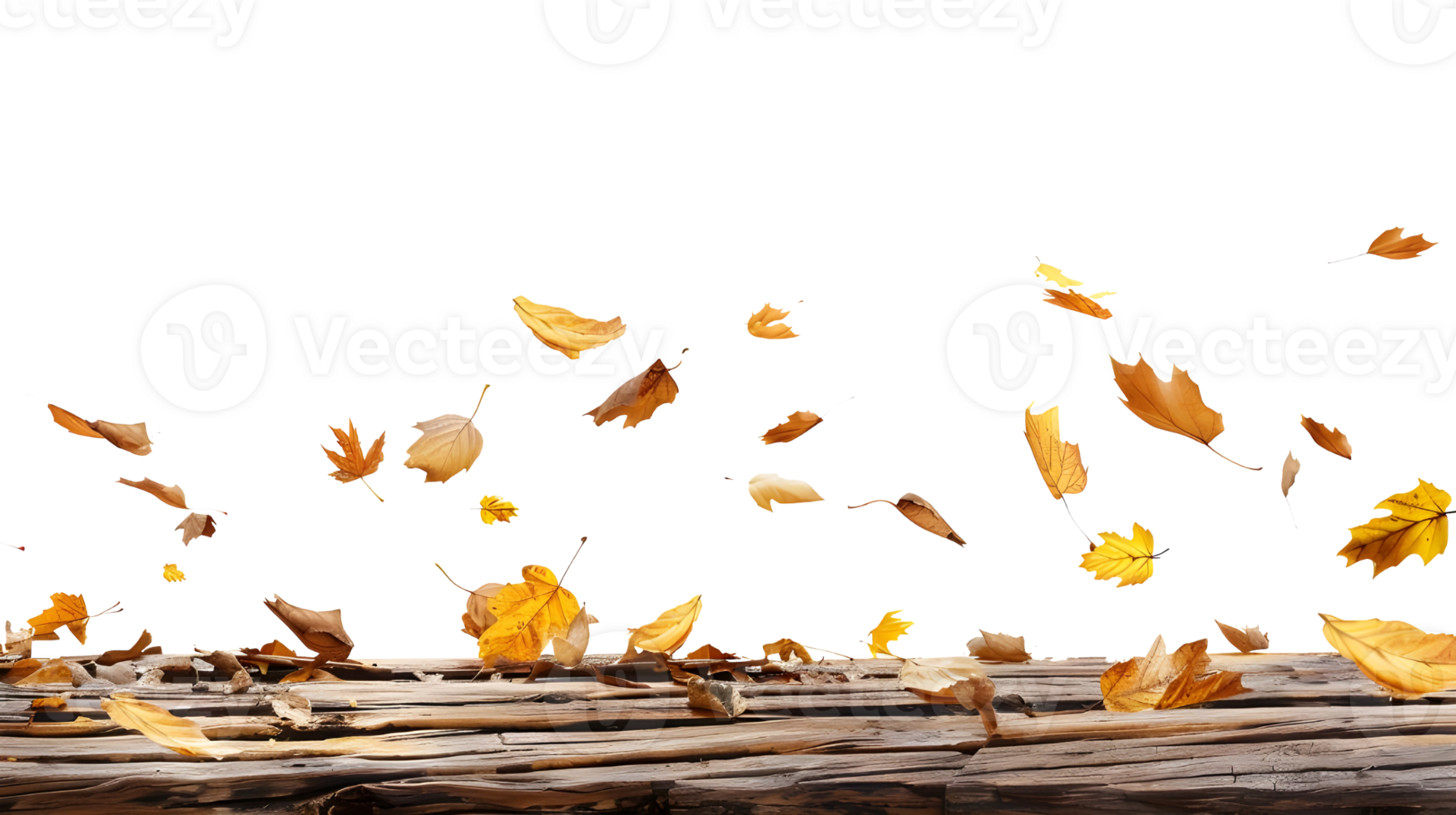 empty Wooden table base with autumn leaves side view for product display isolated on transparent background png