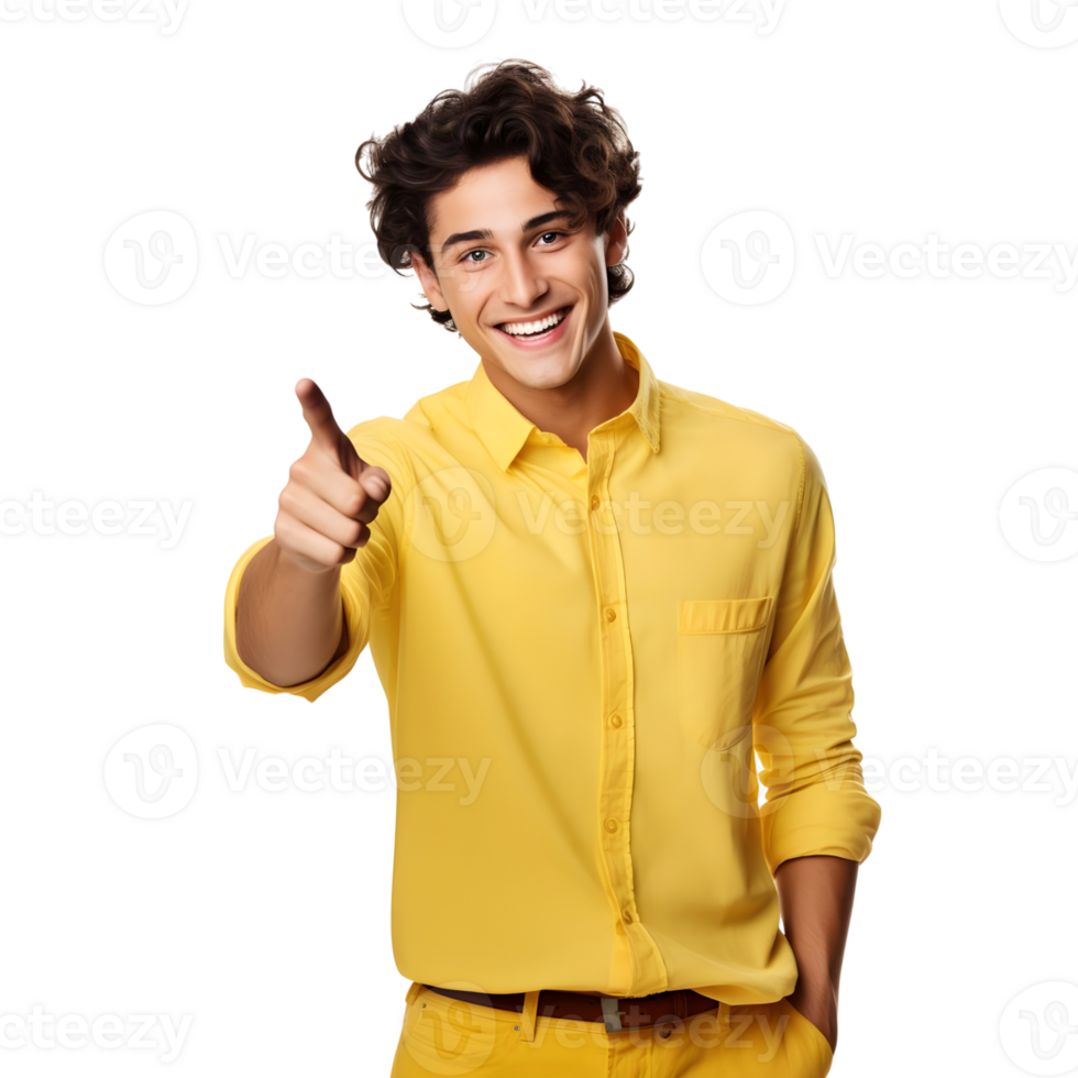 Portrait of happy young man showing pointing up gesture, isolated on transparent background png