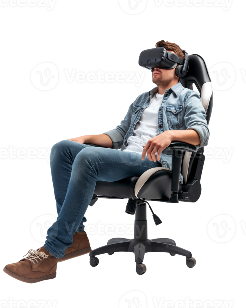Young boy excited after wearing VR headset siting on gaming chair isolated on transparent background png
