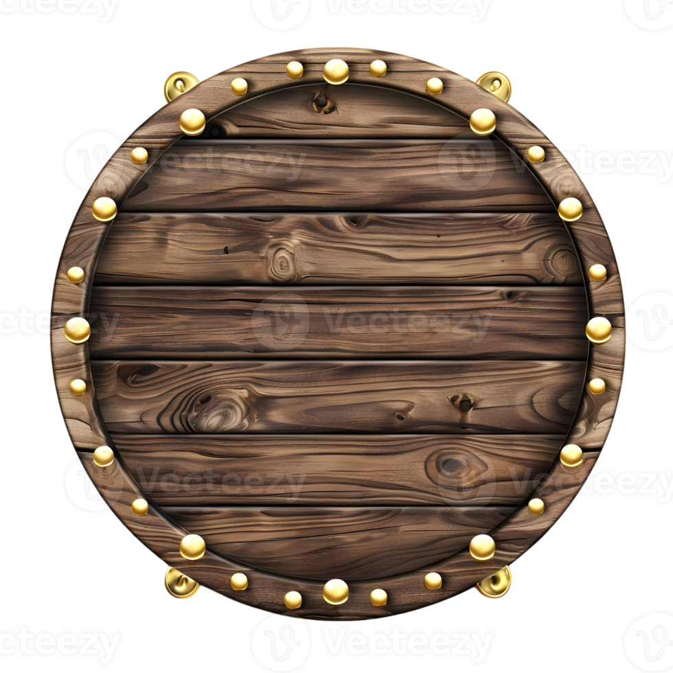 Circle wooden frame with gold elements isolated on transparent background png
