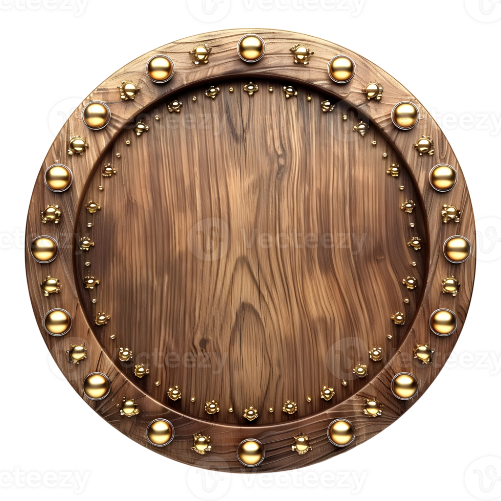Circle wooden frame with gold elements isolated on transparent background png