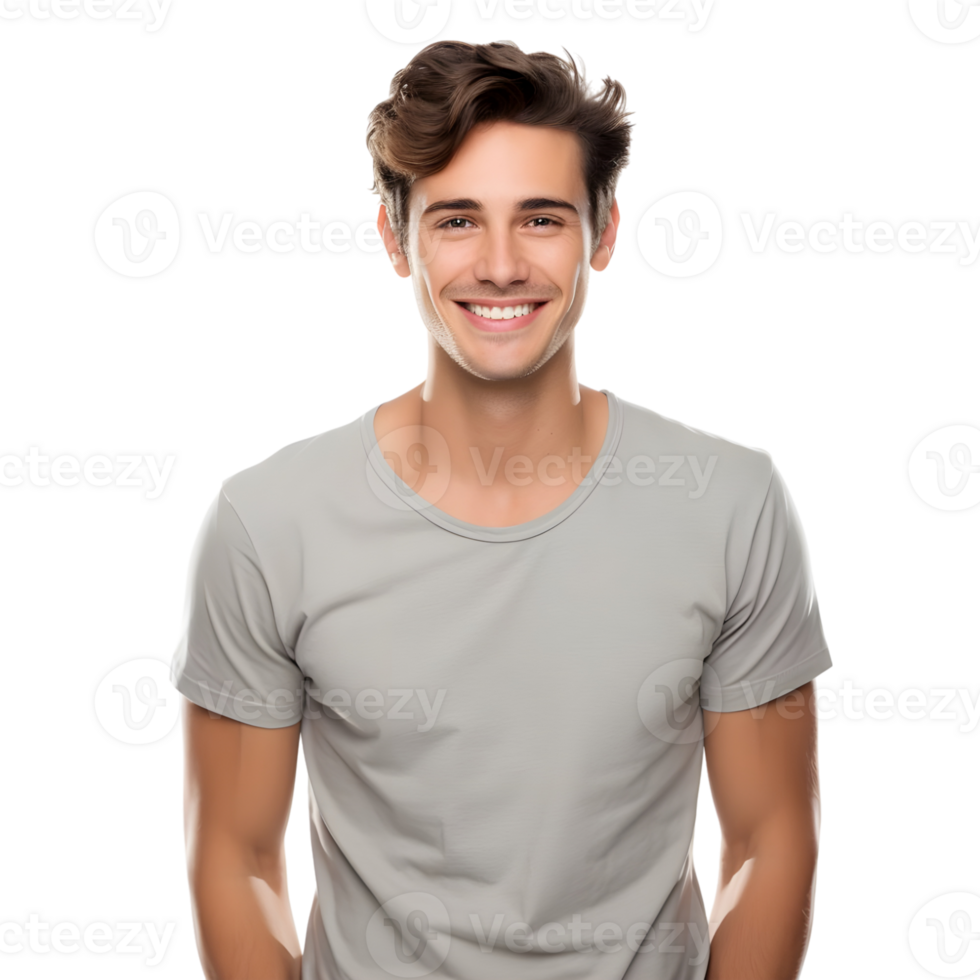 Young handsome man in grey t-shirt, isolated on transparent background png