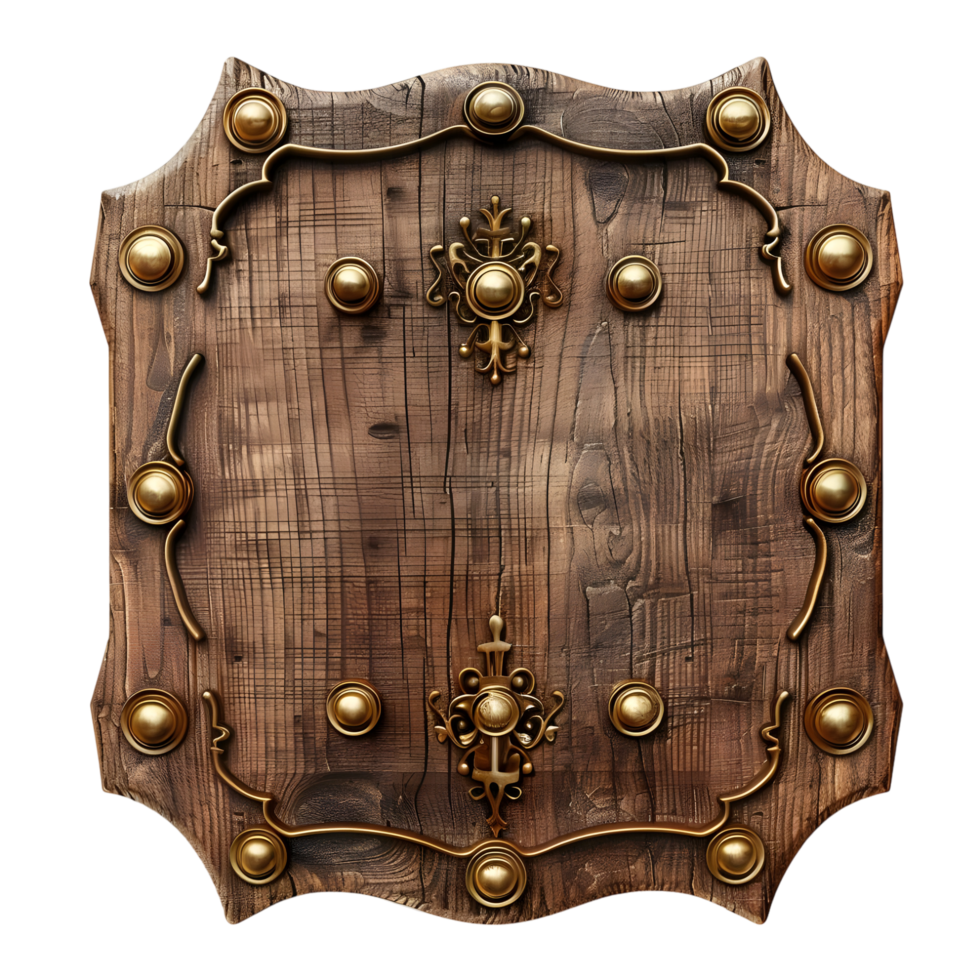 Square wooden frame with gold elements isolated on transparent background png