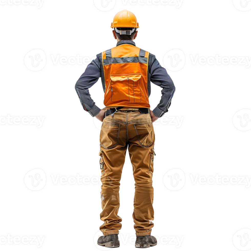Back view of a male construction worker wearing safety vest and helmet standing with hands on hips isolated on transparent background png