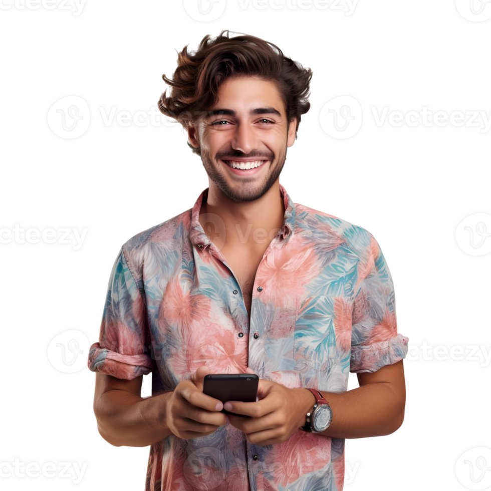 Portrait of a young casual man using mobile phone, isolated on transparent background png