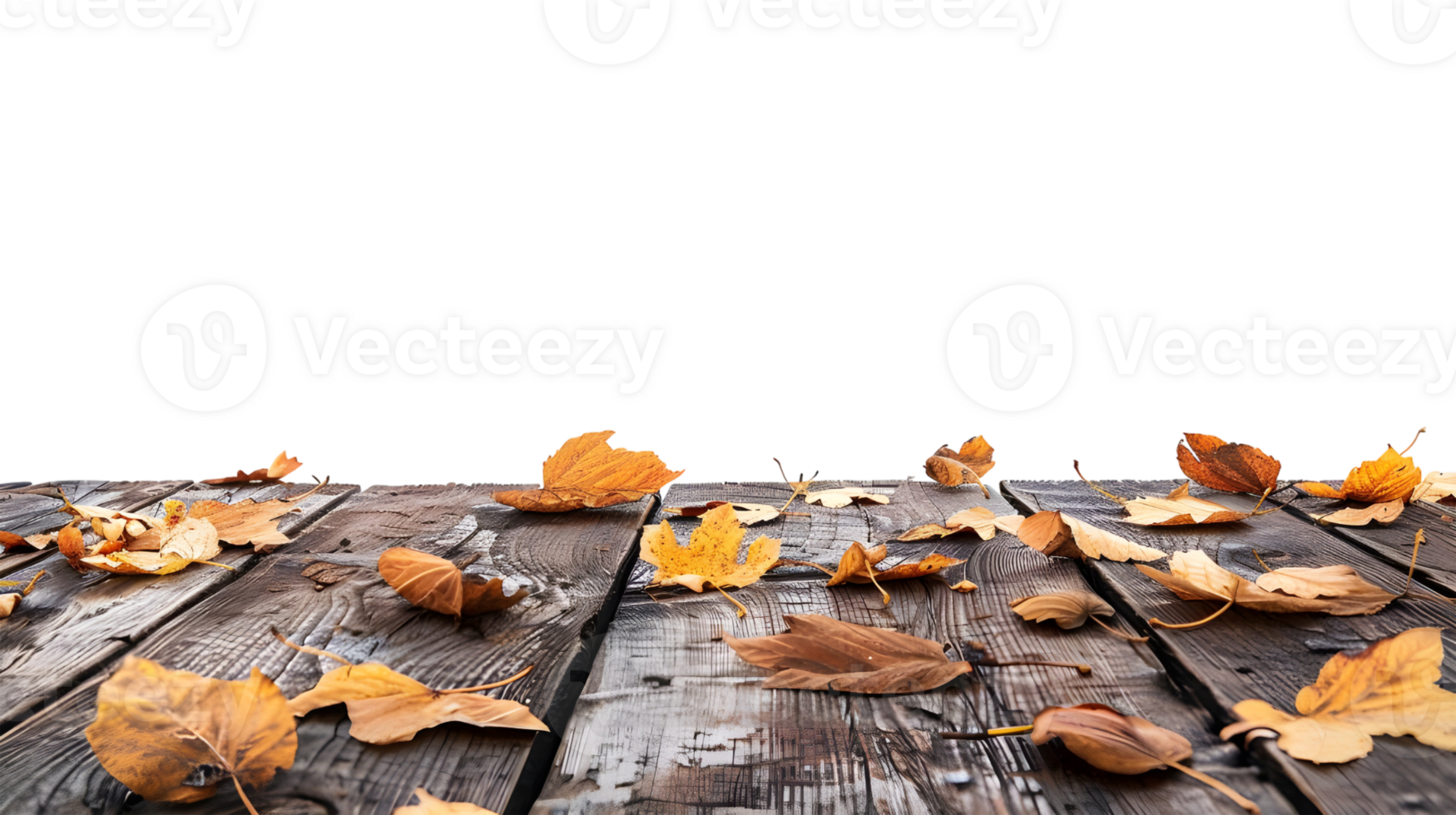 empty Wooden table base with autumn leaves side view for product display isolated on transparent background png