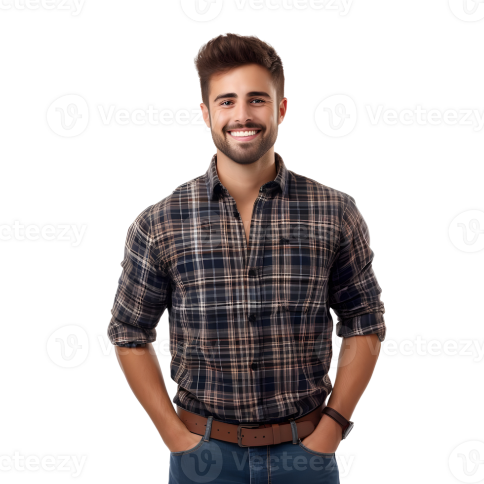 Handsome young man in checkered shirt, isolated on transparent background png