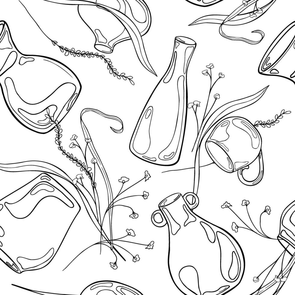 Pottery vase and small flowers in contour monochrome seamless pattern isolated. Leaves and stem in various vase hand drawn ink black white. For pottery themes textile, paper, background vector