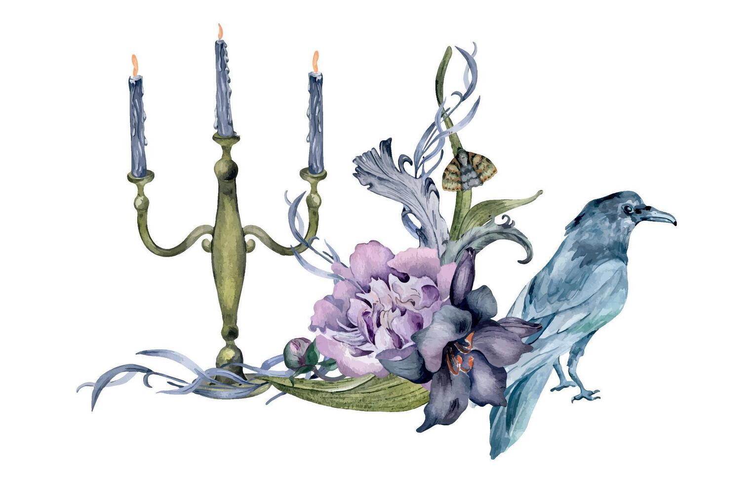 Candlestick with flowers peony and crow isolated on white. Gothic floral Illustration with black bird drawn. Botanical decoration for mystical party. Element for invitation, card, printing vector