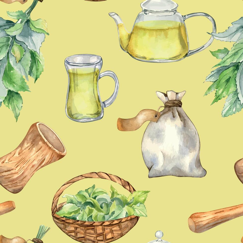 Utensils mortar, glass teapot with herb tea and nettle watercolor seamless pattern isolated on yellow. Herb sachet and straw basket with medicinal plants hand drawn. Design for textile, wrapping. vector