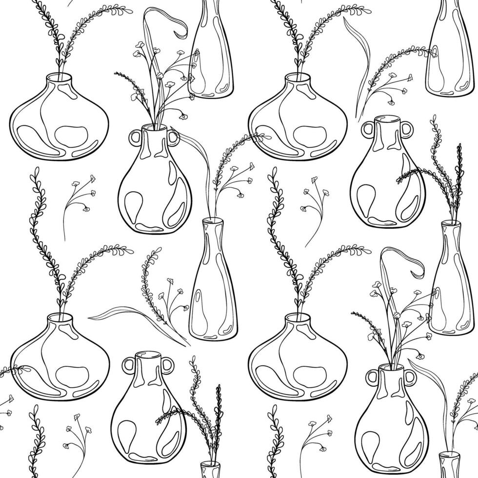 Pottery with foliage hand drawn black white line seamless pattern. Vases with plants in line art. Clay jug with leaves and stems in monochrome contour on endless background. Design textile vector