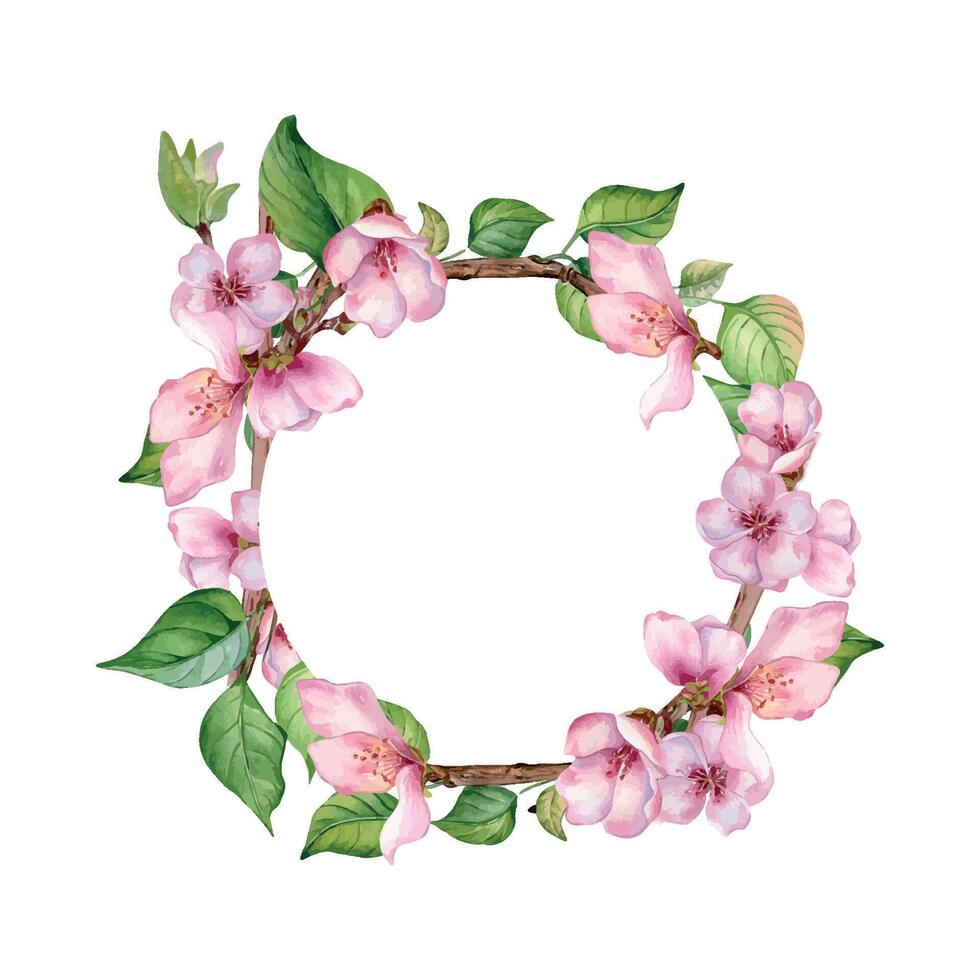 Watercolor circle frame with pink flowers of fruit tree isolated on white. Design template of floral frame with blossom branch hand drawn. Element for wedding invitation, packaging, label product. vector