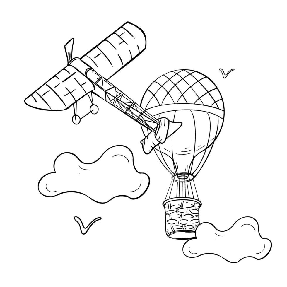 Air transport black and white contour illustration isolated. Airplane silhouette with big balloon in the clouds. Retro transport simple coloring. Hot air balloon graphic drawn. Bird outline vector