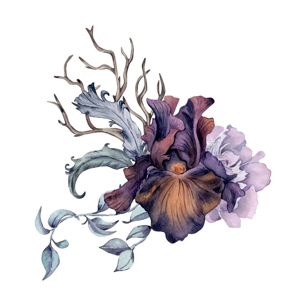 Gothic floral Illustration hand drawn. Black iris flowers and leaves watercolor isolated on white. Botanical decoration with snag, branch and feathers for dark party. Element for invitation, printing. vector