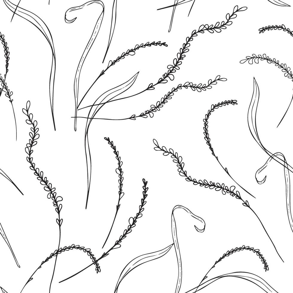 Botanical seamless pattern foliage with stems black white . Thin branches with leaves monochrome outline endless background isolated. Plants arrangements hand drawn in line art. For textile vector
