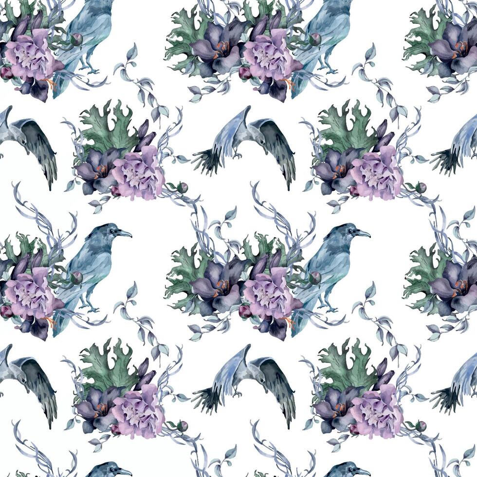 Gothic floral seamless pattern with crow drawn. Black lily, peony and leaves watercolor illustration isolated on white. Dark botanical decoration with black birds. Element for invitation, background. vector