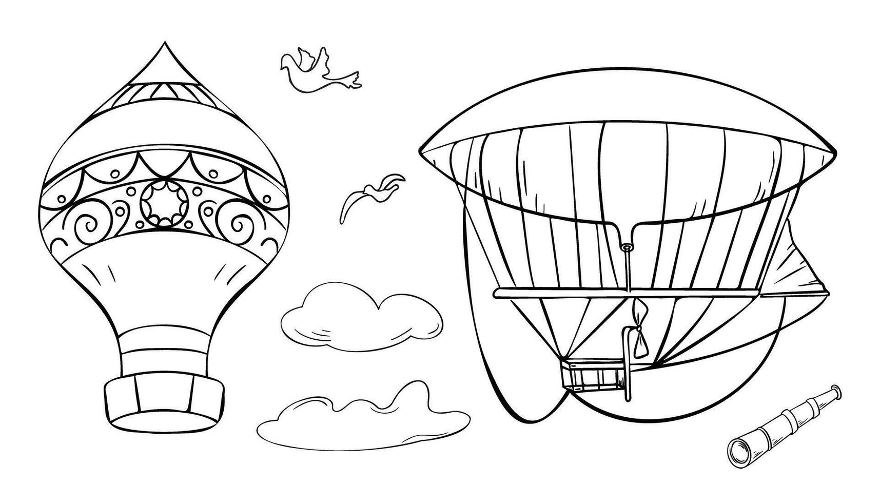 Set of airships early aviation black white contour illustration isolated. Dirigible ink outline hand drawn. Spyglass and bird, clouds graphic line art drawn . Retro hot air balloons coloring vector