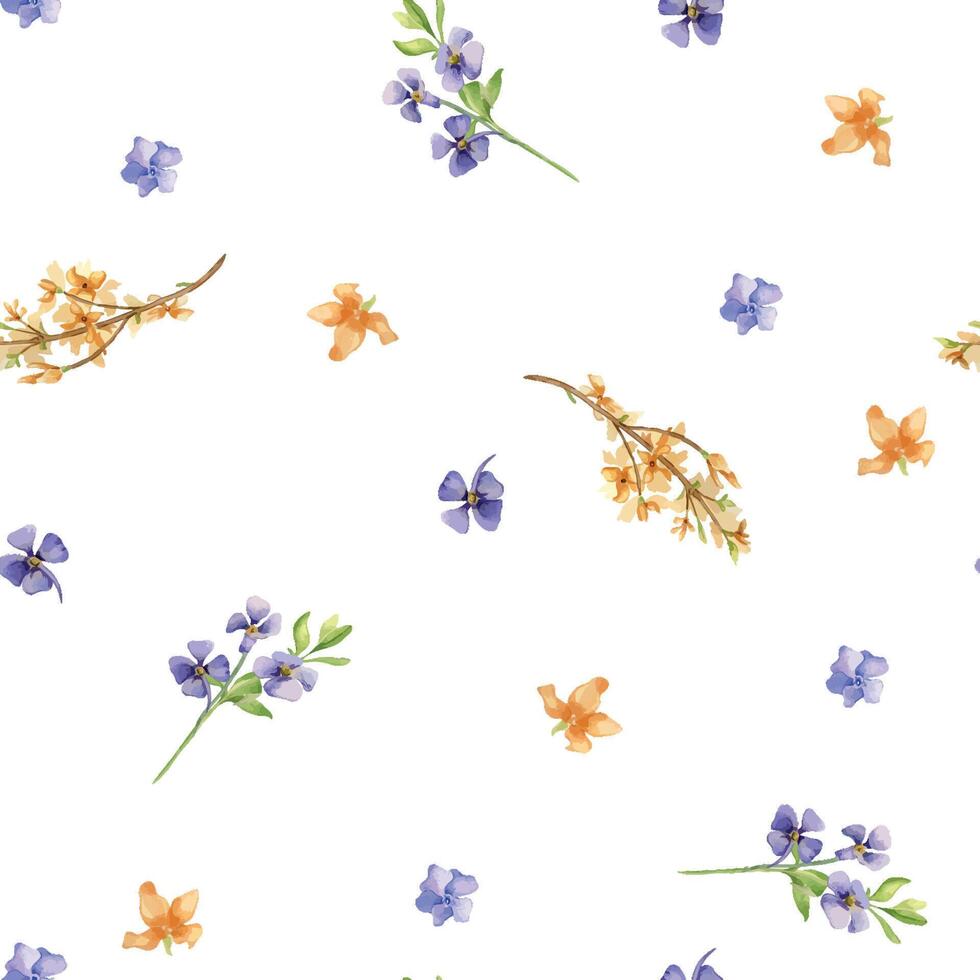Floral seamless pattern with watercolor flowers hand drawn. Yellow blossom branches isolated on white. First spring flowers blue and yellow color. Spring flowers for Easter design, package, textile vector
