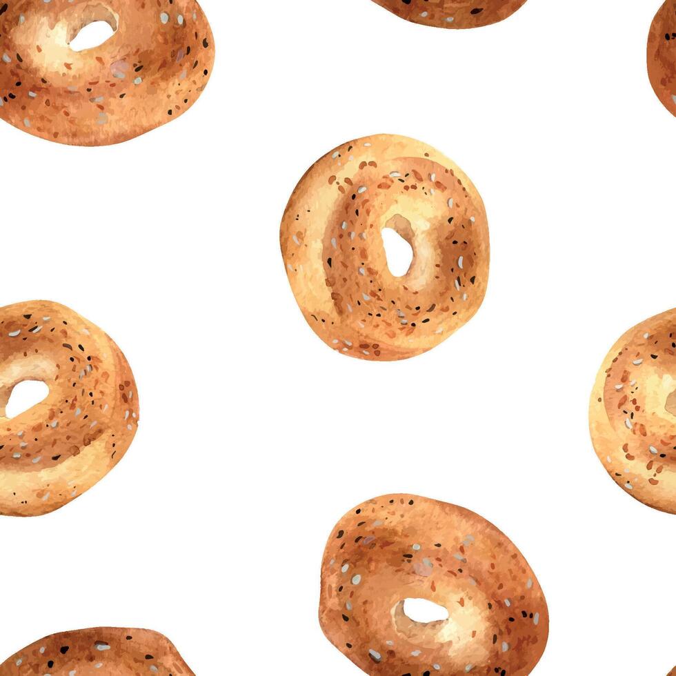 Fresh whole bagel with sesame on seamless pattern isolated on white. Hand drawn breakfast bread in watercolor for bakery. Bagel hand drawn . Element for design cookbook, wrapping, packaging. vector