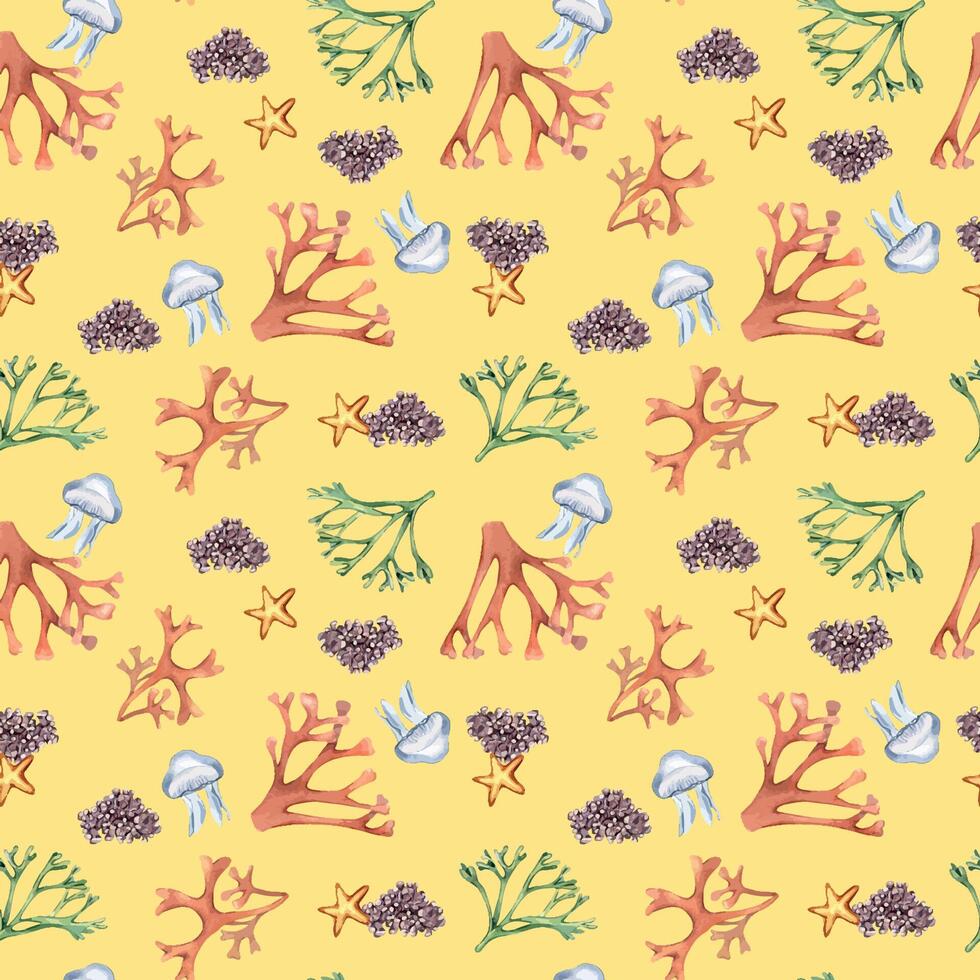 Watercolor seamless pattern of sea plants and starfish isolated on yellow. Seaweeds and coral hand drawn. Painted colorful algae print. Design element for textile, paper, packaging, marine collection. vector