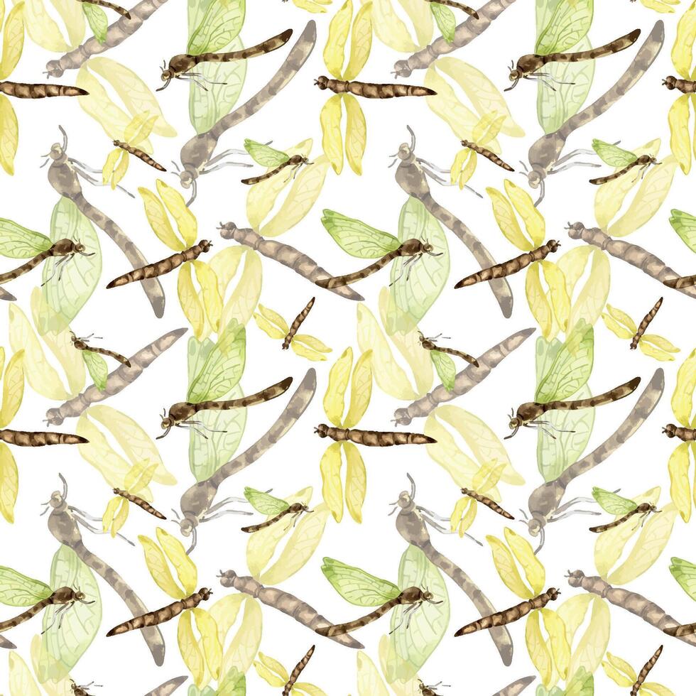 Dragonflies watercolor and shadows seamless pattern isolated on white. Flying insects illustration hand drawn. Colorful sketch bugs with transparent wings. Design for textile, tableware, wrapping. vector