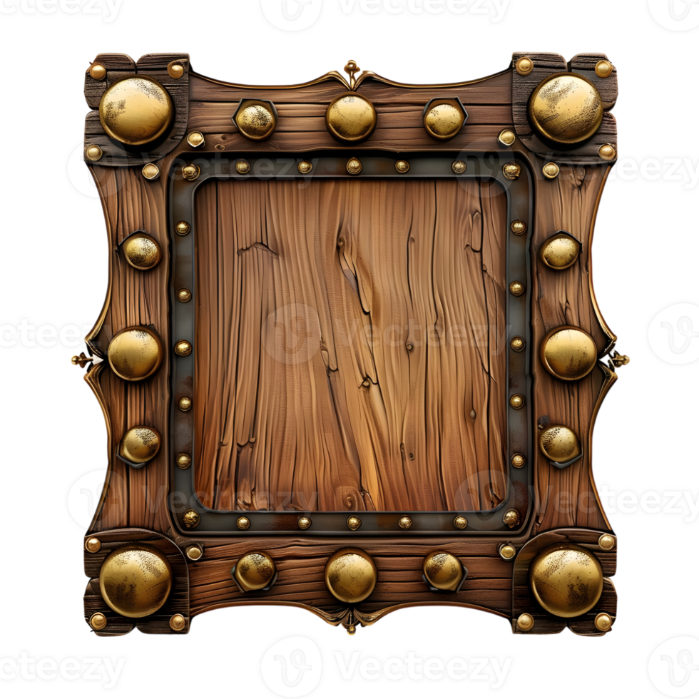 Square wooden frame with gold elements isolated on transparent background png