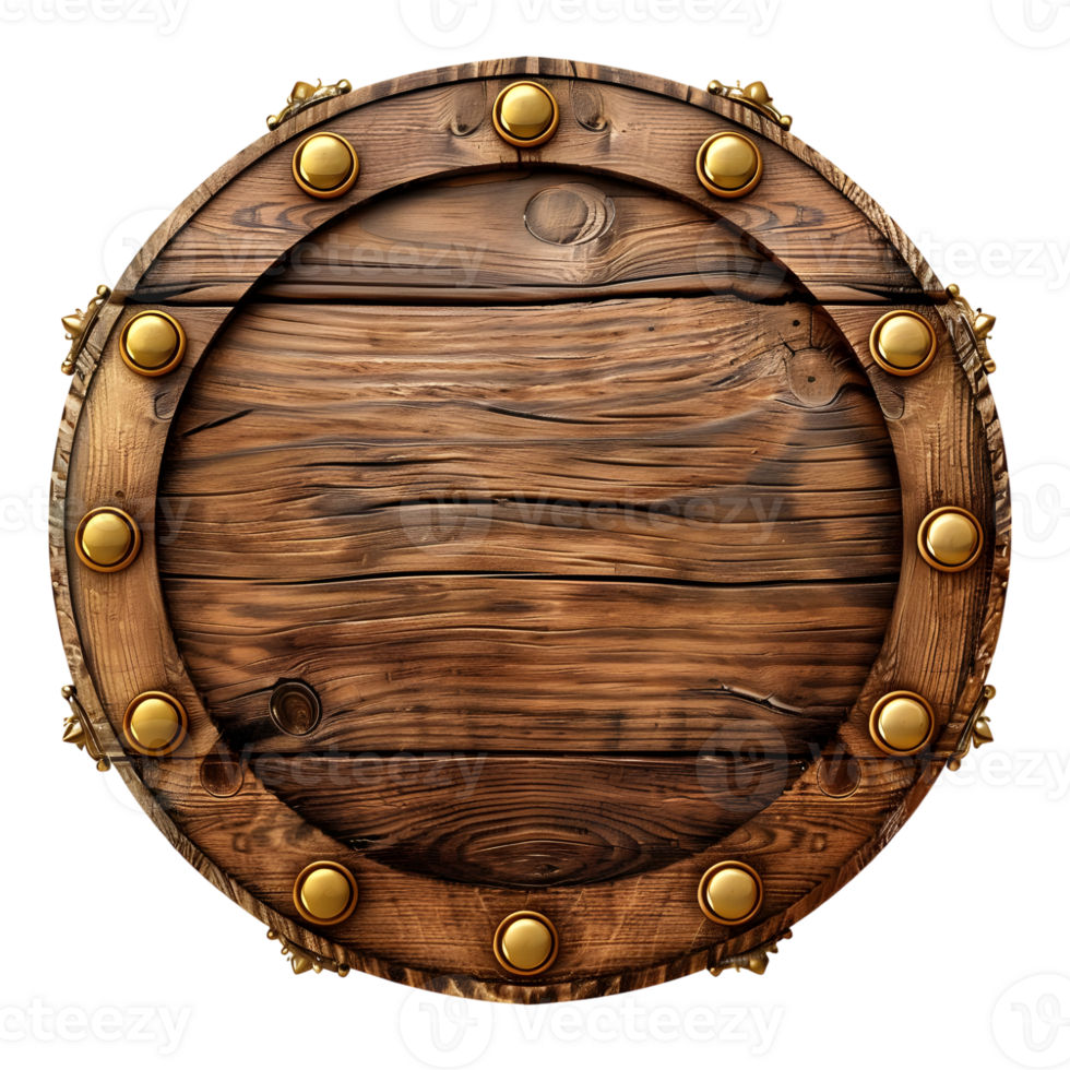 Circle wooden frame with gold elements isolated on transparent background png